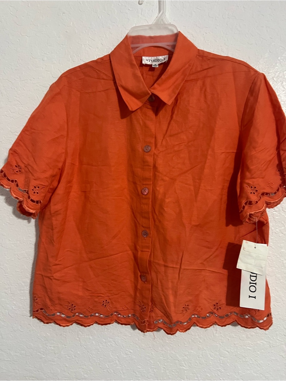 New Studio I Top Women Size 18 Orange Short Sleeves Button Down Shirt # 699